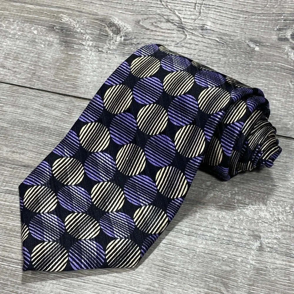 Jhane Barnes Tie Mens One Size Blue Beige Geometric Circle‎ Silk Necktie Classic